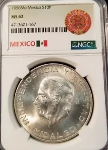 1956 MEXICO SILVER 10 PESOS S10P HIDALGO NGC MS 62 BRIGHT LUSTER GREAT LOOKING - Picture 1 of 3