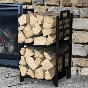 74cm Tall Fireplace Log Rack Wrought Iron Firewood Holders with 4 Fireplace Tool - Picture 1 of 12