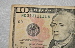 2013 $10 Ten Dollars FRN Bill Binary Six of a Kind Fancy Serial Number 31311111 - Picture 1 of 3