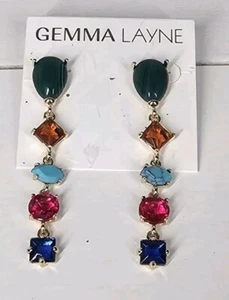 Gemma Layne Earrings Multicolor Gems Turquoise Dangle Gold-tone Teardrop 3" New - Picture 1 of 8