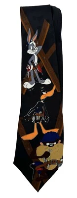 Corbata vintage Looney Tunes 1995 Taz Bugs Bunny Lucas construcción funcionando negra Foto 1 de 4