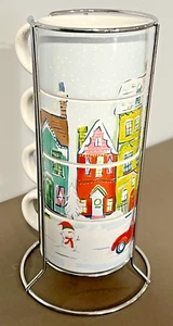 Retired Pier 1 Winter Village Stackable Mugs & Stand Ceramic Holiday A01809 - Picture 1 of 10