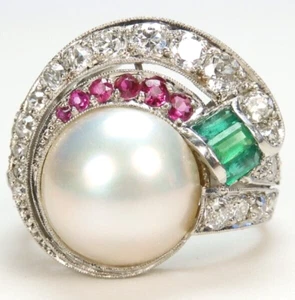 Antique Mobe Pearl Diamond Ruby Emerald Engagement Platinum Ring Size 5 UK-J1/2 - Picture 1 of 13