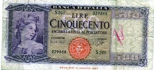 Europe, Italy 500 Lire 1948 - Picture 1 of 2