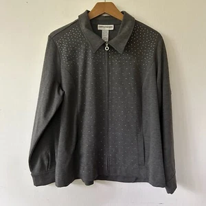 Cathy Daniels Jacket Womens Size XL Gray Collared Rhinestones Pockets Full Zip - Picture 1 of 9