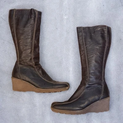 Botas de cuña vintage Y2K ALDO hechas en Italia cuero marrón punta cuadrada talla 8,5 Foto 1 de 4