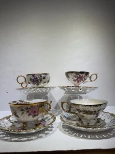 Set 4 Vintage Japan Tea Cups & Saucers Floral Gold – 1 Royal Sealy Marked - Picture 1 of 24