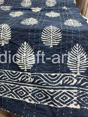 Hand Block Kantha Quilt Throw Indian Handmade Bedspread Cotton Blanket Gudari - Image 1 of 4