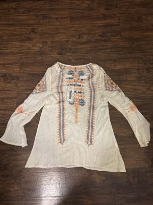 Monoreno Top Womens White  Embroidered Bell Sleeve Gauze Flowy Boho Sz:Medium - Image 1 of 4