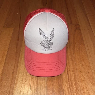 Playboy Hat Cap White Pink Trucker Snap Back Rhinestone Embroidered Bunny - Image 1 of 4