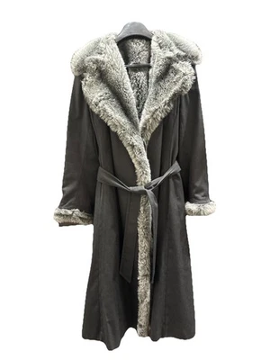 Vintage Bonders Trench Coat Womens Small Fur Trim Grey Belted Long Lined USA - Image 1 of 4