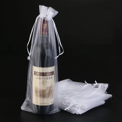 10 Pcs Sheer Organza Wine Gift Bags White Satin Drawstring Wine Bottle Covers - Image 1 of 4