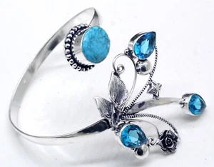 925 Sterling Silver Turquoise & Swiss Topaz Gemstone Jewelry Cuff Bracelet -ADJ - Picture 1 of 8