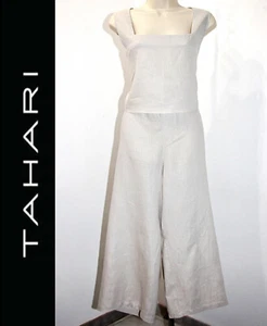 TAHARI 100% LINEN NATURAL COLOR TWO PIECE SET TOP & WIDE LEG CROP PANTS sz L/XL - Picture 1 of 15