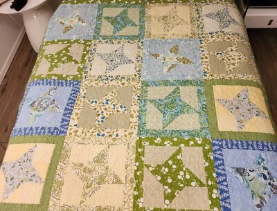 Edredón pequeño hecho a mano patrón de molinete verde azul multicolor Foto 1 de 4