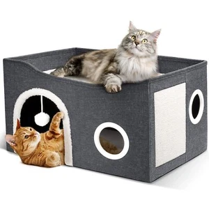 Cat House for Indoor Cats - Large Cat Bed Cave with Fluffy Ball and Scratch Pad - Picture 1 of 8