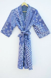 Vintage Cotton Kantha Kimono Women Dressing Gown Nightwear robe Indigo - Picture 1 of 4