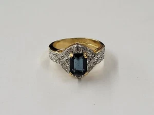 Vintage 14K Gold Electroplated Blue Sapphire And Rhinestone Cluster Ring  - Picture 1 of 6