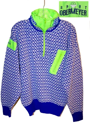 Vintage Obermeyer Kess Apres Wool Blend Sweater Blue Neon Green 80s 90s SZ M men - Image 1 of 4