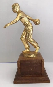 Vtg Bowling Trophy Bronze Brass On Art Deco Wood Base Male Bowler Heavy Metal - Picture 1 of 12