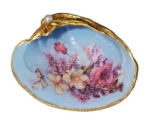 Muschel Decoupage handbemalt Blattgold, zartrosa hübsche Rosen & Perlen - Bild 1 von 3