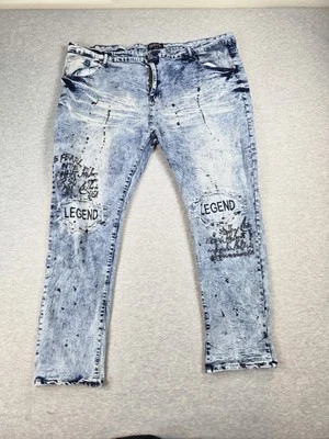 Pantalones de mezclilla encriptados para hombre 50x34 azul desgastado graffiti leyenda parche ropa de calle Foto 1 de 4