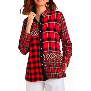 CALESSA Red Mixed Plaid/Check Embroidered Button-up Artsy Tunic Blouse size 1X - Picture 1 of 13