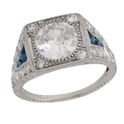 Обручальное кольцо в стиле ар-деко ГИА 2,11 карата с бриллиантом сапфиром платиной - Изображение 1 из 4