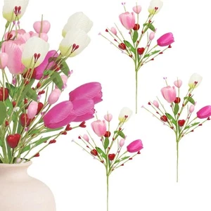 3 Pack Artificial Tulips Decorations Pink Heart Picks with Red E - Picture 1 of 8