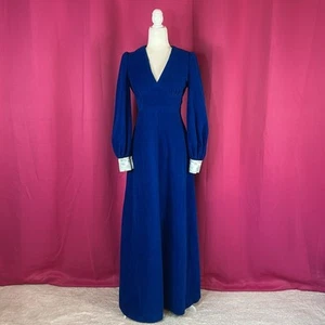 Vintage 70s Unbranded blue velveteen bishop sleeve maxi dress, small - Picture 1 of 10