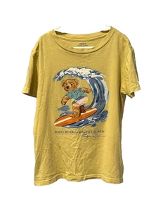 Polo Ralph Lauren Surfing Bear Graphic Print Yellow Pullover T-Shirt Kids Sz 7 - Picture 1 of 5