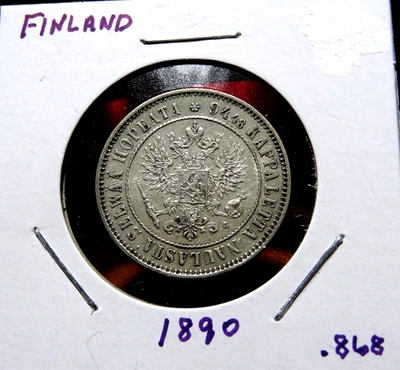 1890 Finland One 1 Markka World Finnish .868 Silver Coin - Image 1 of 3
