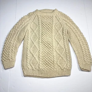 Handmade Vintage Youth Kids Ivory Fisherman Knit Sweater Approx Sz Medium 10-12 - Picture 1 of 4