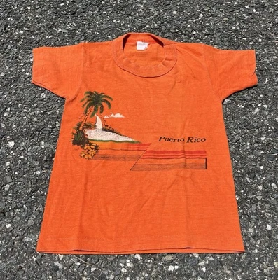 Vtg 70s Kids Puerto Rico Single Stitch Ringer Neck Orange T-shirt Sz 2T (12x17) - Image 1 of 3
