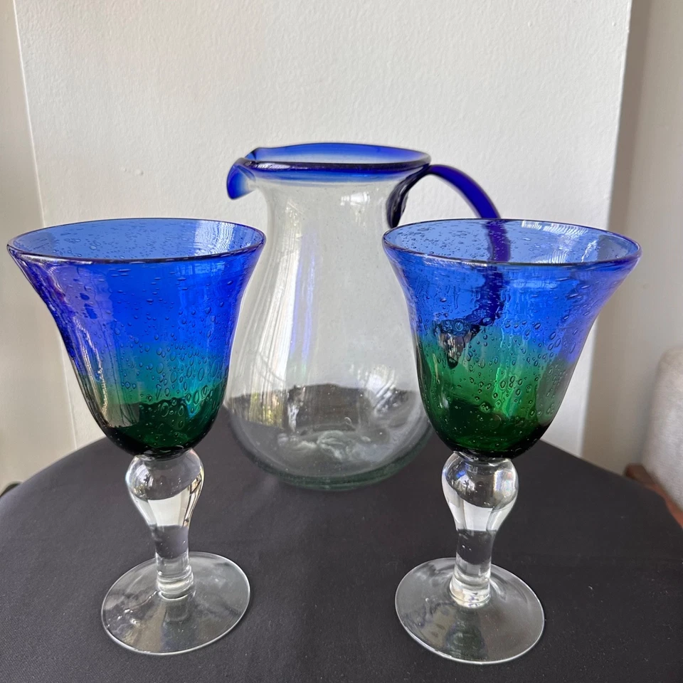 Juego de 2 copas vintage mexicanas de vidrio soplado a mano y verde azul cobalto Foto 1 de 4