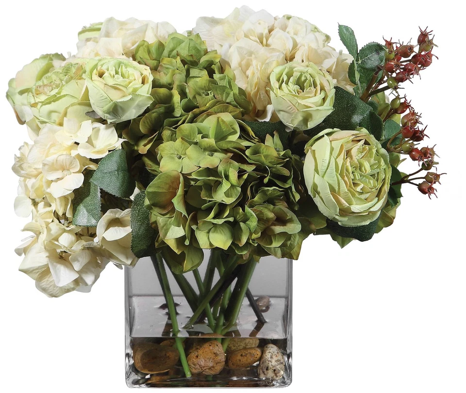 盆栽人造花卉逼真面霜 Hydrangea 玫瑰花瓶家居装饰 — 第 1/1 张图片