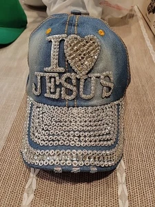 Women’s Rhinestone I LOVE JESUS Hat, Bling Blue Denim Adult Baseball Hat - Picture 1 of 6