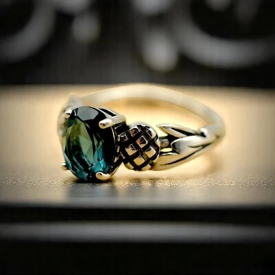 SCOTTISH THISTLE 925 SOLID STERLING SILVER SIMULATED LONDON BLUE TOPAZ RING 1773 - Image 1 of 4