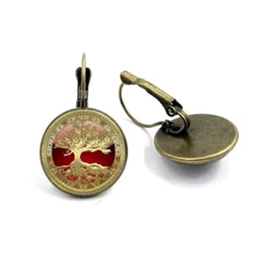 Earrings Brisur Tree of Life Studs Metal Copper Glass Cabochon Construction - Picture 1 of 1