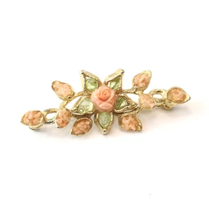 Vintage Angel Skin Coral Peridot Olivine Flower Brooch Pin Gold Tone Gemstone - Picture 1 of 7