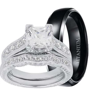 His Her Silver Titanium 3 Piece CZ Wedding Engagement Ring Set - Picture 1 of 6