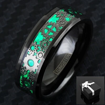 Anillo de boda de fibra de carbono verde engranajes de relojería Steampunk de metal armado de tungsteno de 8 mm Foto 1 de 4