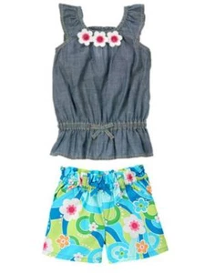Gymboree Rainbow Cabana Chambray 3-D Flower Top & Blue Swirl Shorts Set 12 NWT - Picture 1 of 1