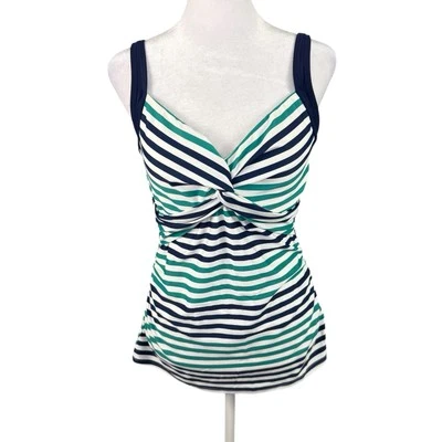 Lands' End 8 Tankini Swim Top V-neck Wrap Underwire Padded Bra Blue Green Stripe - Image 1 of 4
