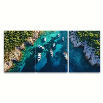 3pcs Yachts in Narrow Cove Vis Island Croatia Metal Print Ready to Hang Art - Image 1 of 4