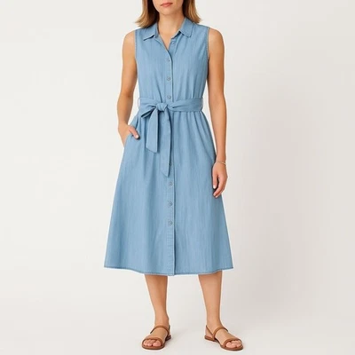 NWT NIC+ZOE Denim TLC Tencel Sleeveless Belted Shirtdress Mid Wash Blue Sz Small - Image 1 of 4