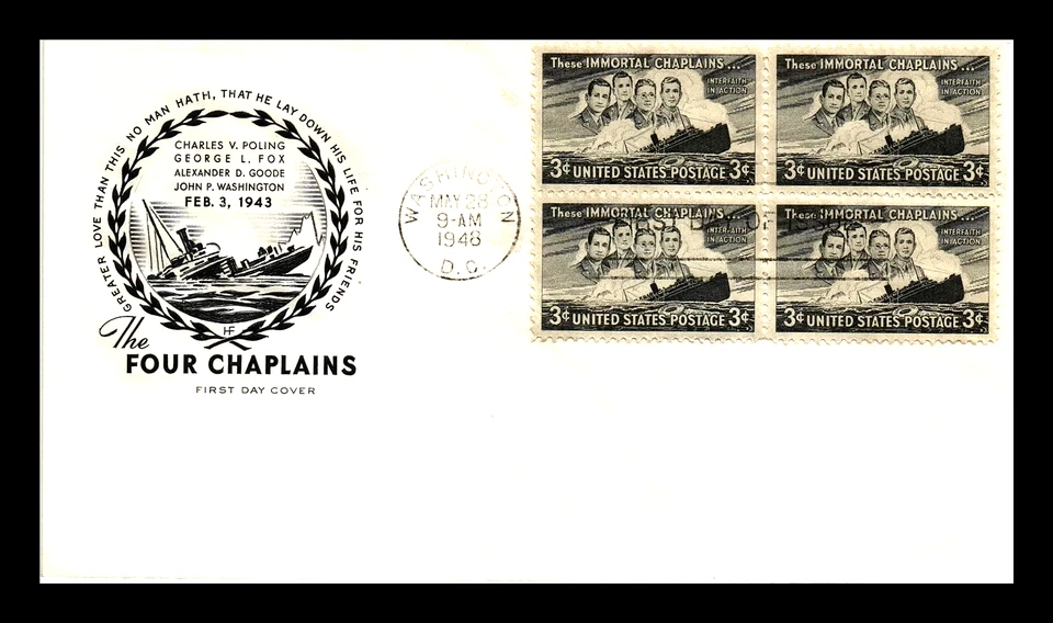 956 3c Stamps (BLOCK) (1948) HEROIC WWII FOUR CHAPLAINS FDC - HOUSE OF FARNAM - Image 1 of 1