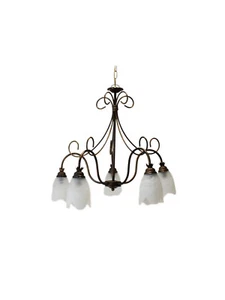 LAMPADARIO 5 LUCI FERRO BATTUTO VETRO BIANCO COLL. FLAVIA - Foto 1 di 2