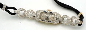 Antiguo Art Deco platino y oro 18K CE Reloj 15J Swiss 24 diamantes 4 zafiros - Imagen 1 de 8