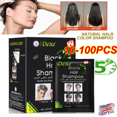 10-100 piezas Champú Instantáneo Negro Cabello Gris Blanco Tinte Oscurecedor Natural Negro Foto 1 de 4